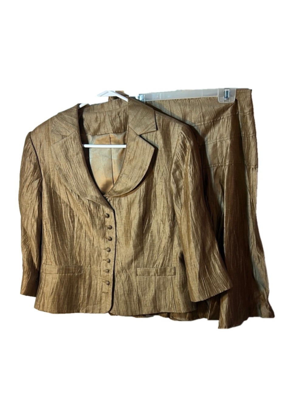 Louben Gold Blazer Skirt Set crinkle linen blend size 8 vintage